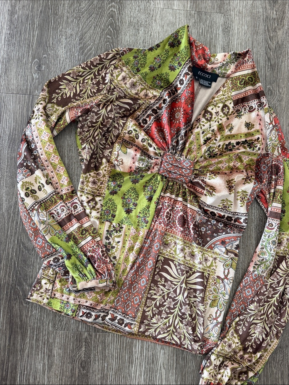 Vintage Y2K Eccoci long sleeve patchwork boho multicolor blouse top velour Small